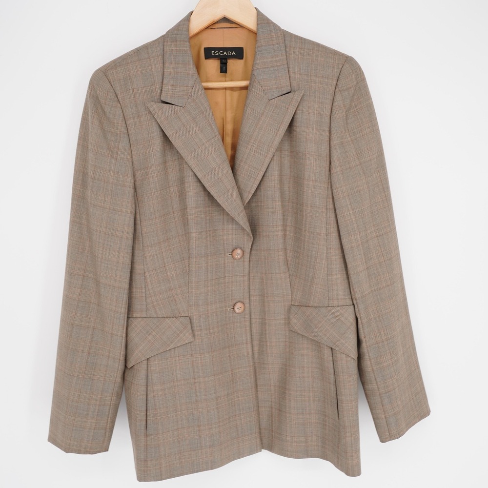 ESCADA Suit Jacket Womens 40 Med Brown Plaid Two-Button Notch Lapel 100% Wool